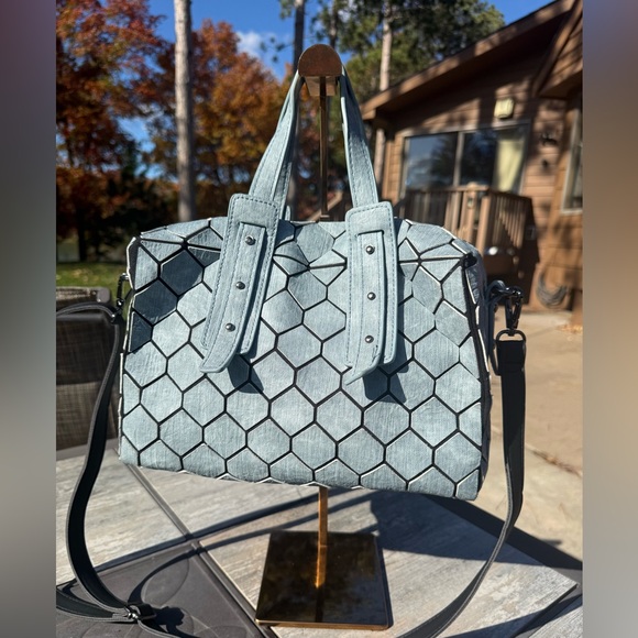 EUC! Emilio Pepe Italy Denim Geometric Blue Hexagon handbag crossbody - Picture 2 of 10